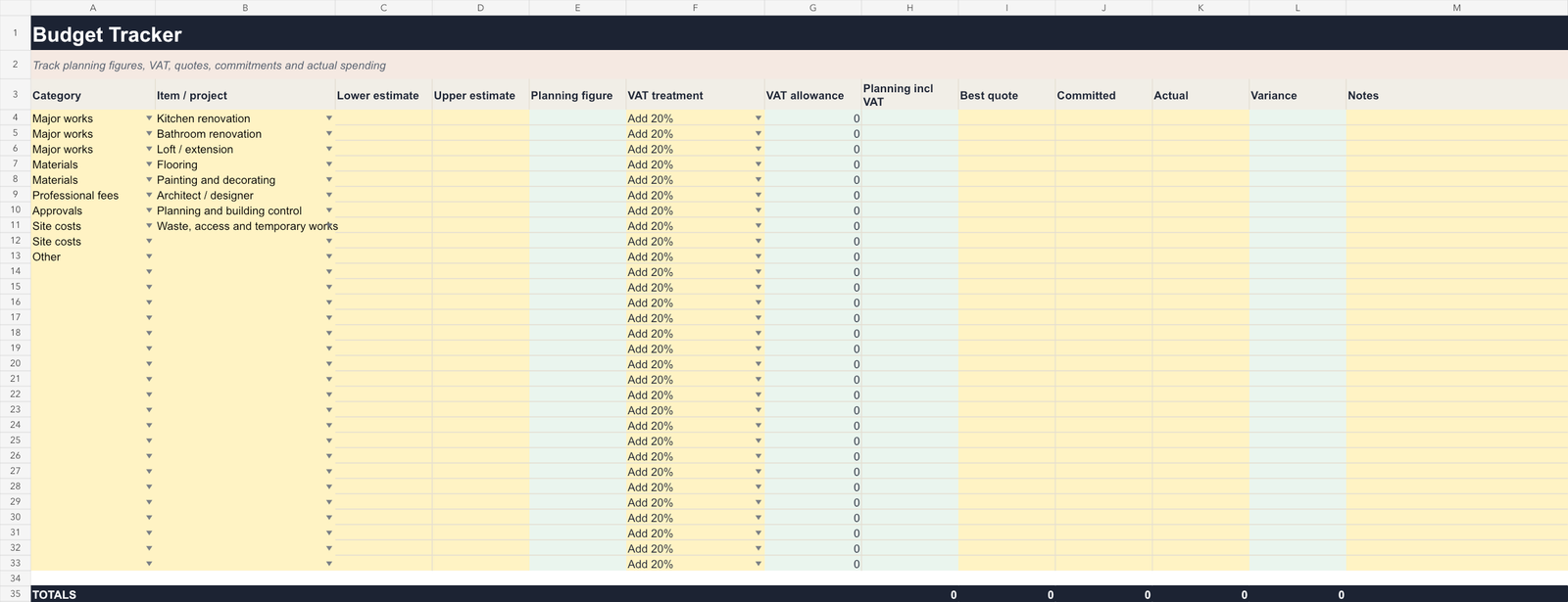 RenoTally Pro budget tracker spreadsheet preview