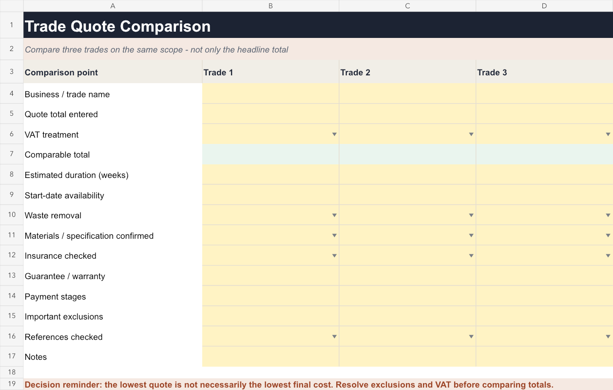 RenoTally Pro trade quote comparison spreadsheet preview