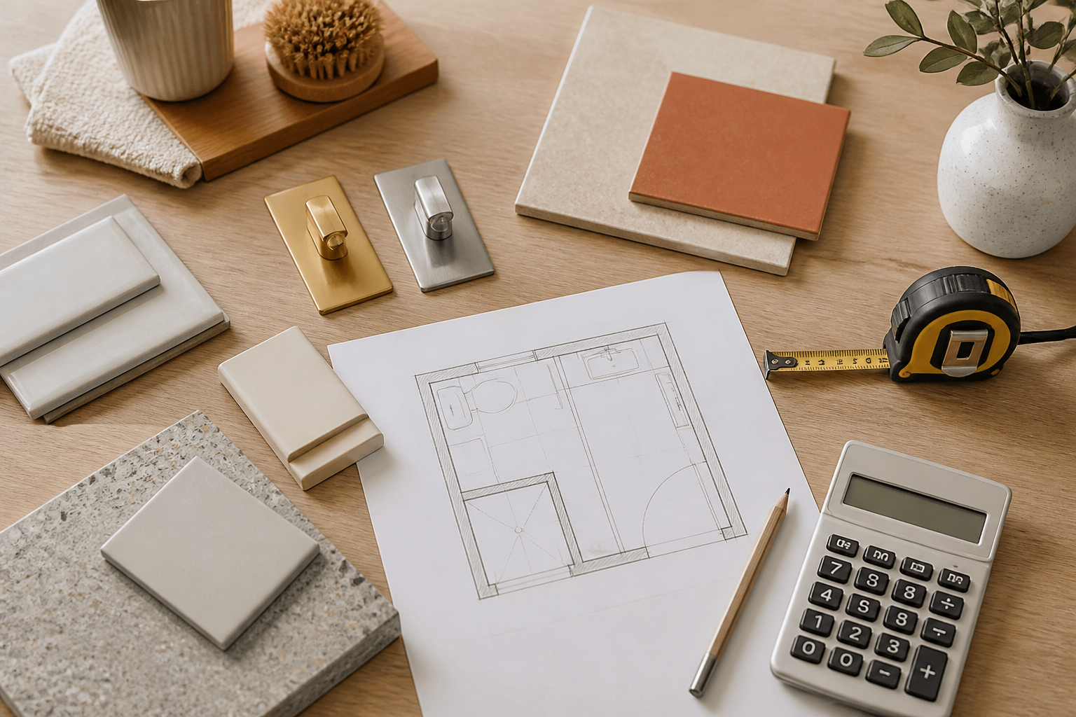 Bathroom renovation planning with tile samples, floor plan, tape measure and calculator