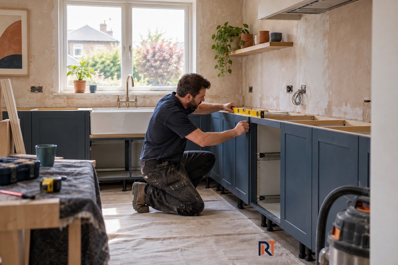 kitchen-renovation-cabinet-installation-logo Kitchen fitter installing cabinets in a partly renovated kitchen