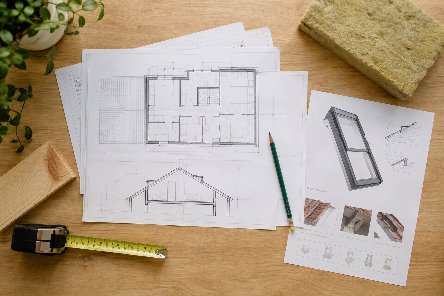 Loft conversion plans with tape measure, timber and insulation samples