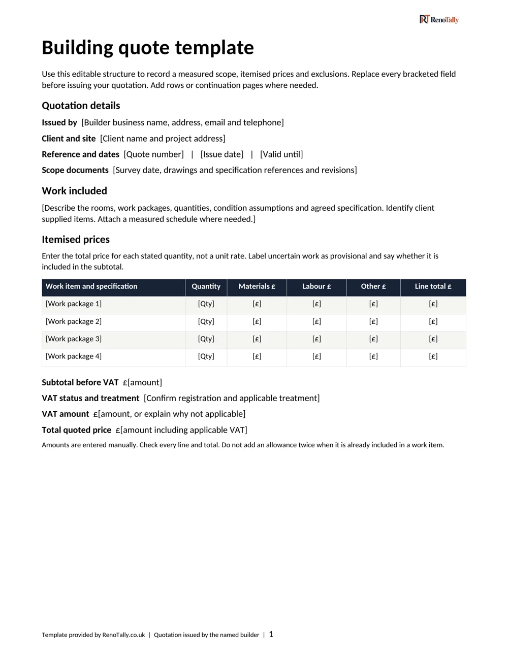 First page of a building quotation template with issuer details, scope and an itemised cost table.