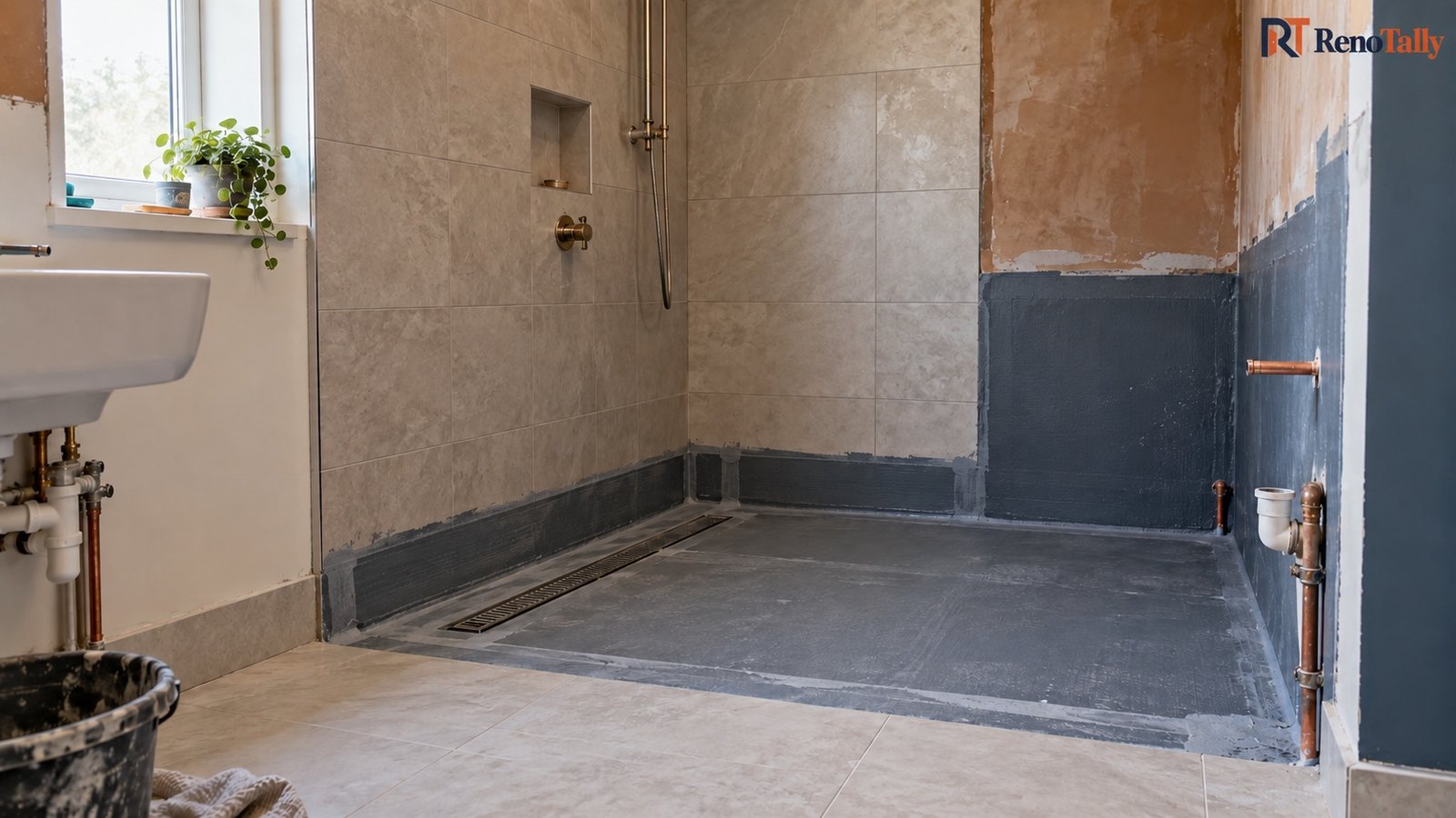 Wet room installation — RenoTally illustration Part-finished wet room with a waterproofed shower floor and linear drain